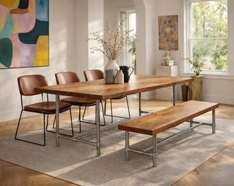 Rustic Scaffold Board Dining Table & Bench on Steel Tube Pipe Legs, Reclaimed, Industrial