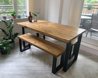 Rustic Dining Table & Bench Set, Square Steel Legs, Industrial Style, Scaffold Board, Solid Wood, Reclaimed Kitchen Table, Farmhouse Dining