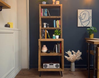Handmade Rustic Wooden Bookcase: Split-Level Industrial Display Shelf