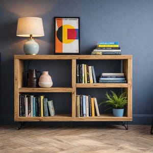 Rustic Wooden Bookcase Sideboard with Steel Hairpin Legs, Reclaimed, Industrial Style