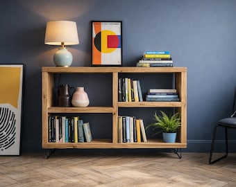 Rustic Wooden Bookcase Sideboard with Steel Hairpin Legs, Reclaimed, Industrial Style
