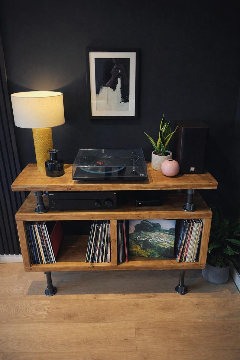 Industrial Record Player Stand: Rustic Reclaimed Wood Vinyl Storage afbeelding 12