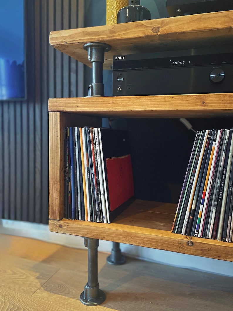 Industrial Record Player Stand: Rustic Reclaimed Wood Vinyl Storage afbeelding 8