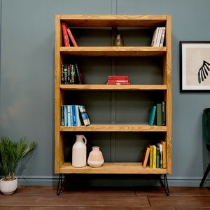Rustic Bookcase with Hairpin Legs | Reclaimed Style Solid Wooden Bookshelves | Shelf Unit