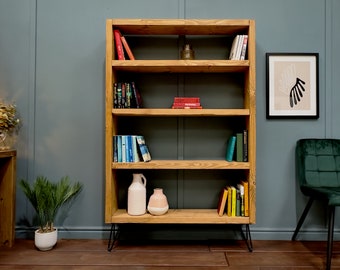 Rustic Bookcase with Hairpin Legs | Reclaimed Style Solid Wooden Bookshelves | Shelf Unit