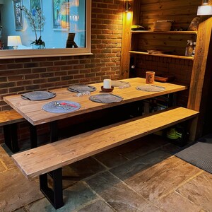 Rustic Solid Wood Outdoor Dining Table & Bench Set With Steel Legs ...