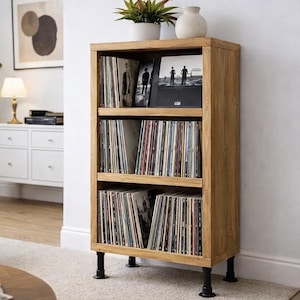 Industrial Record Cabinet | Rustic Solid Wooden Unit on Steel Tube Legs | Vinyl Storage