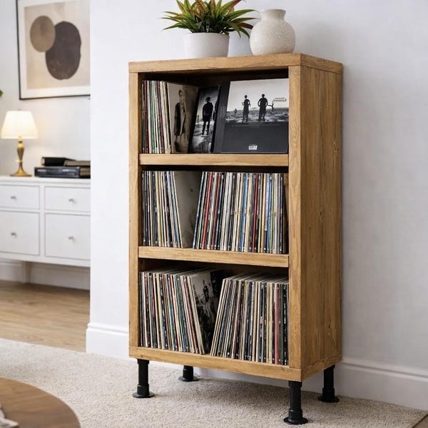 Industrial Record Cabinet | Rustic Solid Wooden Unit on Steel Tube Legs | Vinyl Storage