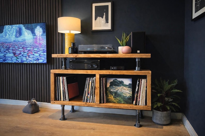Industrial Record Player Stand: Rustic Reclaimed Wood Vinyl Storage afbeelding 4