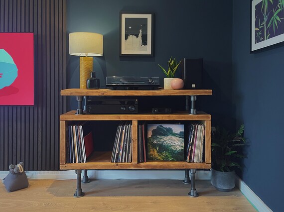 Industrial Record Player Stand: Rustic Reclaimed Wood Vinyl Storage
