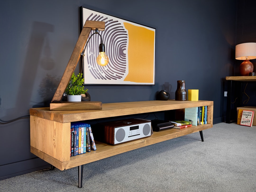Rustic TV Stand TV Unit Media on Mid Century Style Black Steel