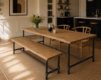 Industrial Dining Table & Bench Set on Steel Tube Legs