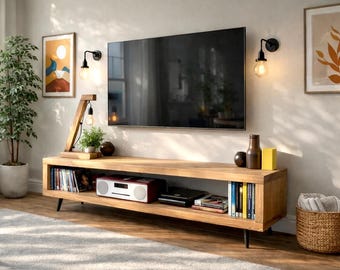 Rustic Wooden TV Stand: Mid-Century Modern Media Cabinet with Steel Legs