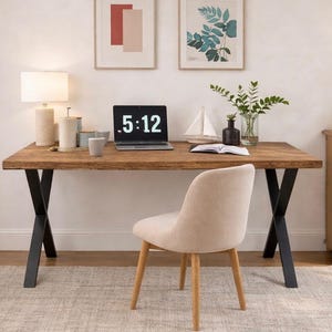 Industrial Rustic Desk, X Frame Steel Legs. Solid Wood.