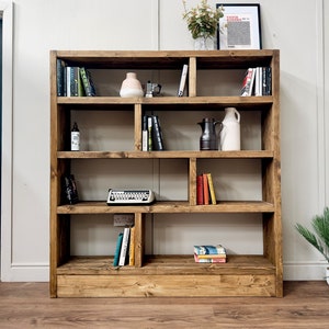 Rustic Wooden Bookcase | Solid Scaffold Timber Style | Industrial Wall Shelf Unit, Display Shelving, Living Room, Kitchen, Office