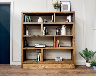 Rustic Wooden Bookcase | Solid Scaffold Timber Style | Industrial Wall Shelf Unit, Display Shelving, Living Room, Kitchen, Office