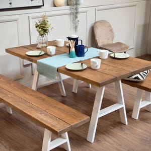 Handmade Rustic Wood Dining Table & Bench Set: Steel A-Frame Legs