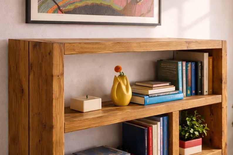 Puede incluir: Una estanter&iacute;a de madera con tres estantes, llena de libros, un jarr&oacute;n amarillo con una flor y una peque&ntilde;a caja blanca. La estanter&iacute;a es de madera marr&oacute;n claro y est&aacute; contra una pared blanca.