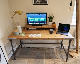 Rustic Scaffold Board Desk & Monitor Riser Shelf on Steel Tube Legs, Industrial Reclaimed Style