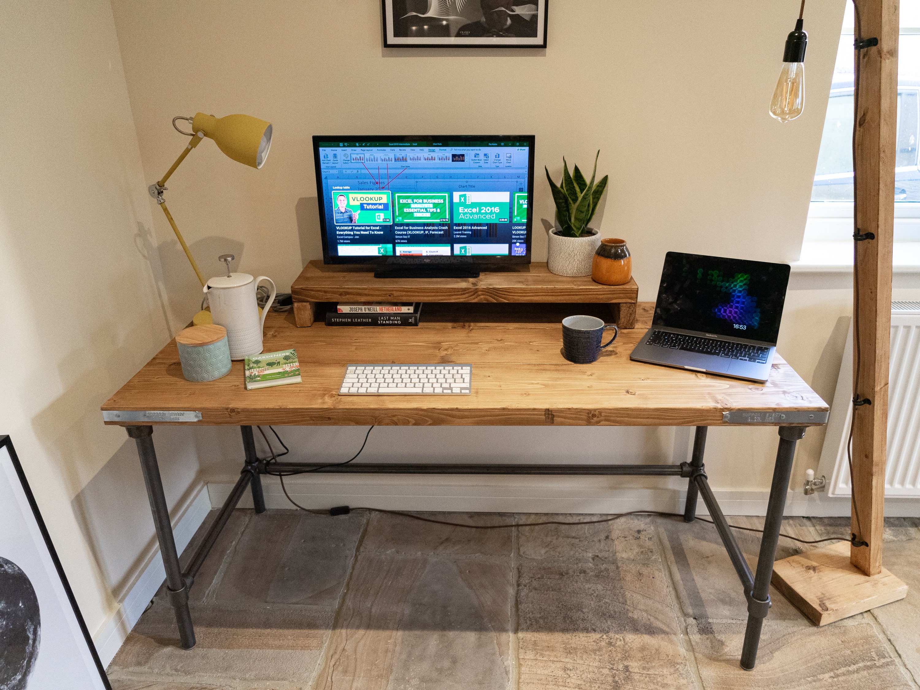 Rustic Scaffold Board Desk Monitor Riser Shelf On Steel Tube Legs Industrial Reclaimed Style