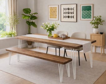 Reclaimed Wood Dining Table & Bench: Steel Hairpin Legs, Rustic Handmade