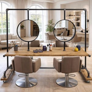 K&ouml;nnte beinhalten: Ein Saloninterieur mit einem h&ouml;lzernen Arbeitsplatz, zwei runden Spiegeln und zwei braunen Drehst&uuml;hlen. Der Arbeitsplatz wird von schwarzen Metallrohren getragen. Der Raum hat gro&szlig;e Fenster, ein beiges Sofa und einen Schrank mit Sch&ouml;nheitsprodukten.