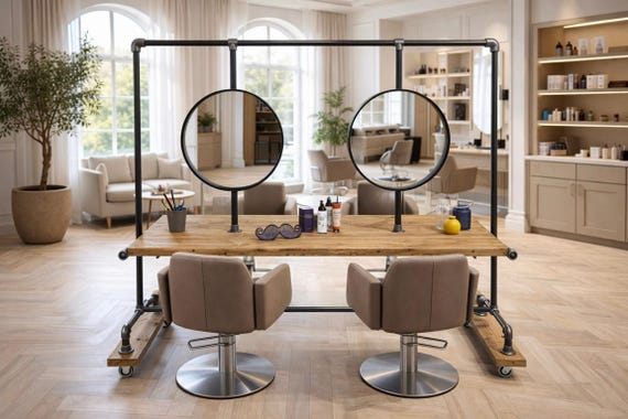 Industrial Rustic Timber Salon Unit - Double Sided, Barber Hairdressing Workstation