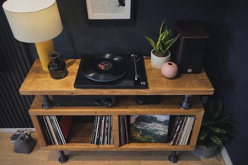 Industrial Record Player Stand: Rustic Reclaimed Wood Vinyl Storage afbeelding 11
