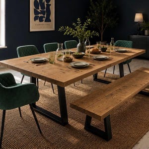 Industrial Reclaimed Dining Table & Bench on Steel Trapezium Legs, Rustic, Solid Wood.