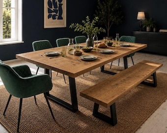 Industrial Reclaimed Dining Table & Bench on Steel Trapezium Legs, Rustic, Solid Wood.