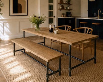 Industrial Dining Table & Bench Set on Steel Tube Legs