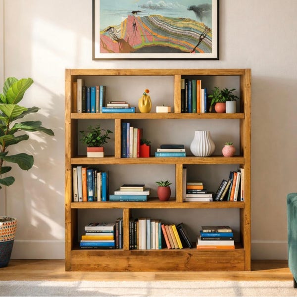 Rustic Wooden Bookcase: Solid Scaffold Timber Industrial Shelf