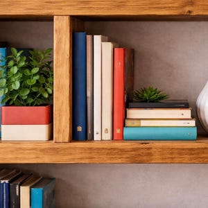 Puede incluir: Estanter&iacute;a de madera con varios libros, un jarr&oacute;n blanco y una peque&ntilde;a planta en maceta. Los libros tienen lomos de diferentes colores y el jarr&oacute;n tiene un dise&ntilde;o acanalado. La estanter&iacute;a es de madera clara.