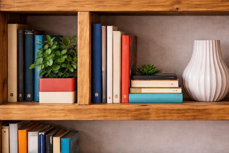 Puede incluir: Estanter&iacute;a de madera con varios libros, un jarr&oacute;n blanco y una peque&ntilde;a planta en maceta. Los libros tienen lomos de diferentes colores y el jarr&oacute;n tiene un dise&ntilde;o acanalado. La estanter&iacute;a es de madera clara.