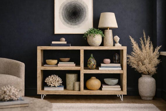 Rustic Wooden Bookcase Sideboard with Steel Hairpin Legs, Reclaimed, Industrial Style
