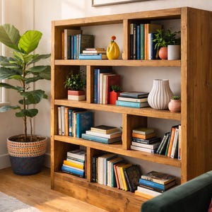 Puede incluir: Estanter&iacute;a de madera llena de libros de varios tama&ntilde;os y colores. Jarrones decorativos y peque&ntilde;as plantas en macetas se colocan en los estantes. Una gran planta en maceta se encuentra a la izquierda de la estanter&iacute;a.
