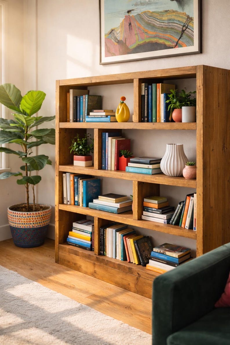 Puede incluir: Estanter&iacute;a de madera llena de libros de varios tama&ntilde;os y colores. Jarrones decorativos y peque&ntilde;as plantas en macetas se colocan en los estantes. Una gran planta en maceta se encuentra a la izquierda de la estanter&iacute;a.
