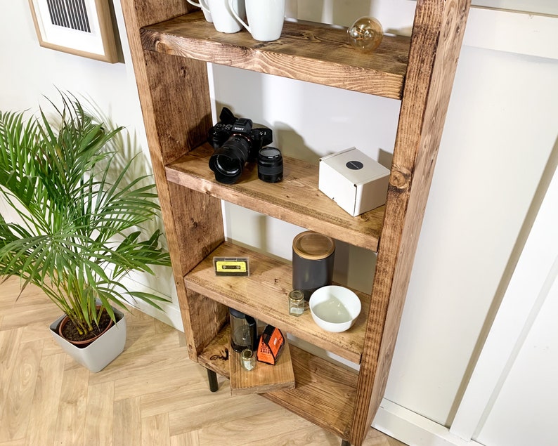 Rustic Bookcase with Steel Tube Legs, Solid Wooden Bookshelves, Reclaimed Scaffold Board Style Shelving Unit image 3