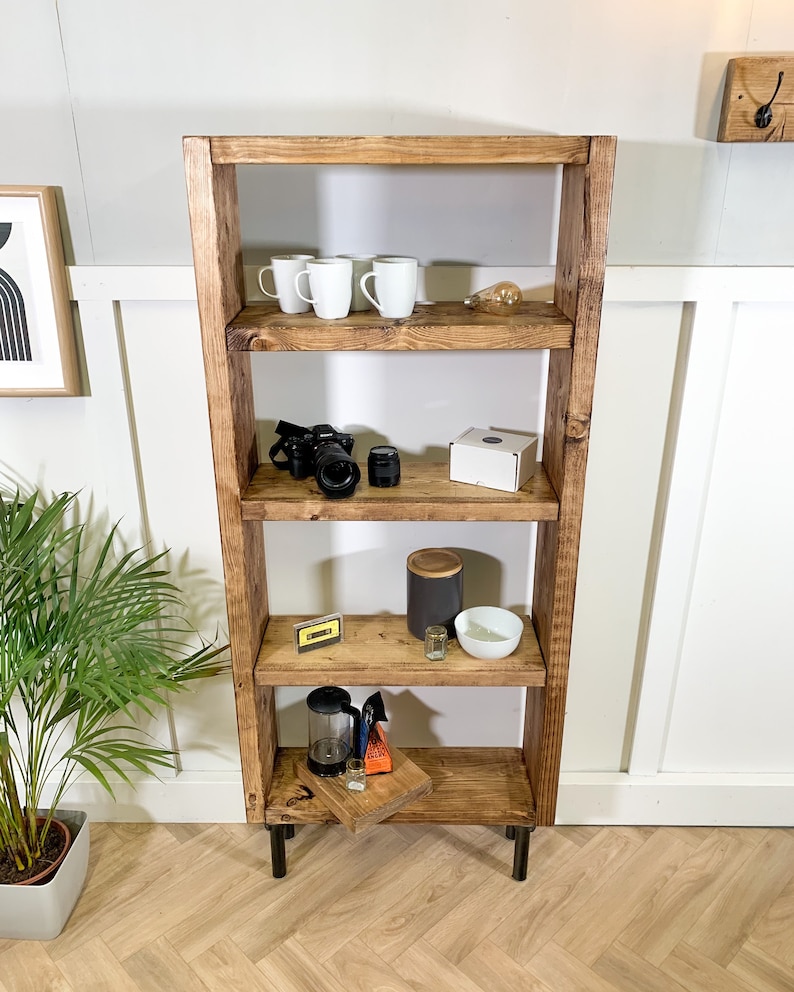 Rustic Bookcase with Steel Tube Legs, Solid Wooden Bookshelves, Reclaimed Scaffold Board Style Shelving Unit image 8