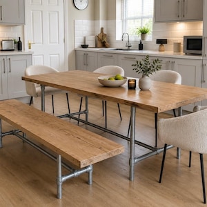 Rustic Scaffold Board Dining Table & Bench on Steel Tube Pipe Legs, Reclaimed, Industrial