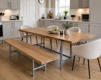 Rustic Scaffold Board Dining Table & Bench on Steel Tube Pipe Legs, Reclaimed, Industrial