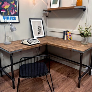 Industrial Corner Desk | Reclaimed Rustic Scaffold Board L Shaped Desk | Steel Tube Legs, Wooden, Workstation, Home Office, WFH, Steel Pipe