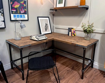 Industrial Rustic L-Shaped Corner Desk | Solid Wood & Steel Tube