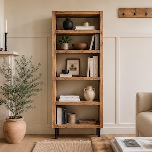 Industrial Bookcase: Rustic Style, Steel Tube Legs, Solid Wood Shelves