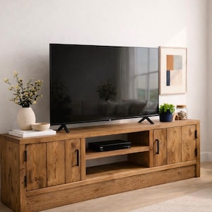 Solid Wood TV Stand Media Unit with Cupboard Storage – Rustic Industrial Handmade TV Cabinet