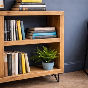 Op de afbeelding: Houten boekenkast met meerdere planken gevuld met boeken van verschillende formaten en kleuren. Een kleine potvaren in een blauwe pot staat op een plank. De boekenkast heeft zwarte metalen haarspeldpoten.