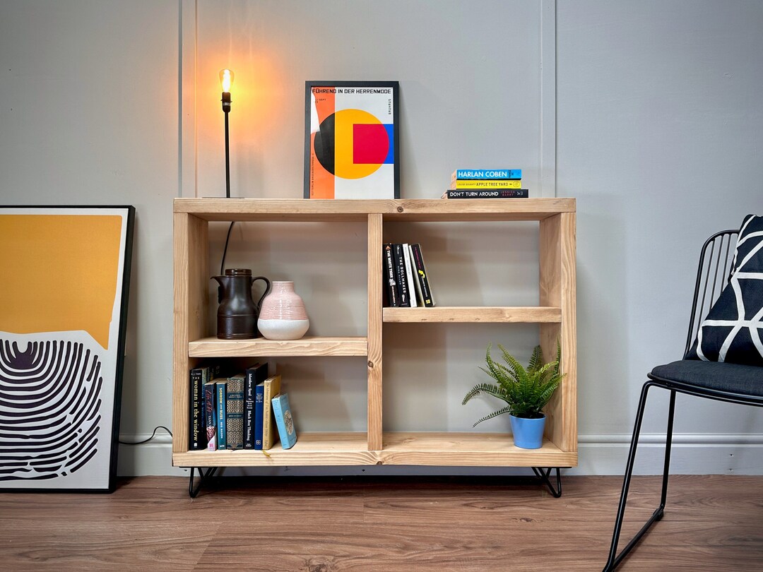 Rustic Wooden Bookcase Sideboard With Steel Hairpin Legs, Reclaimed ...