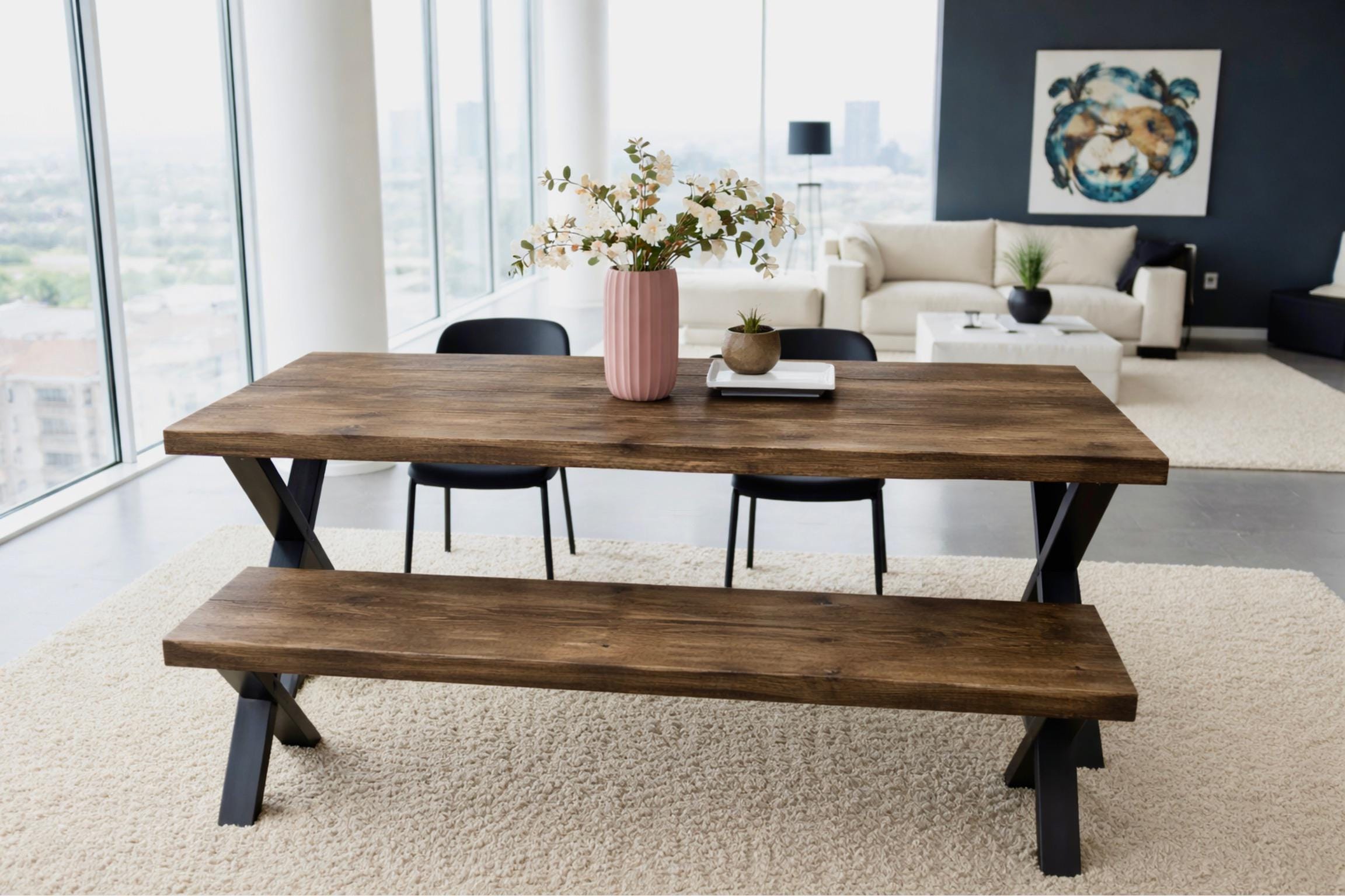Rustic Dining Table & Bench Set on X Frame Legs - Etsy UK