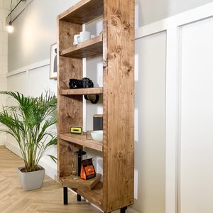 Rustic Bookcase with Steel Tube Legs, Solid Wooden Bookshelves, Reclaimed Scaffold Board Style Shelving Unit image 2