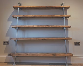 Industrial Style Bookcase Scaffold Board on Steel Tube, Reclaimed, Wooden Shelf Unit